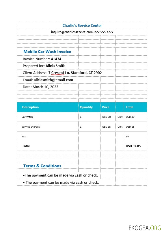 Modèle de facture de lavage de voiture mobile